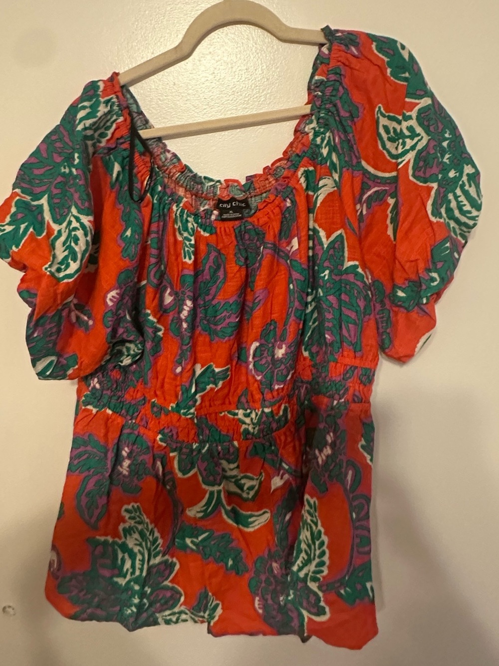 City Chic Orange Floral Puff-Sleeve Smocked Top